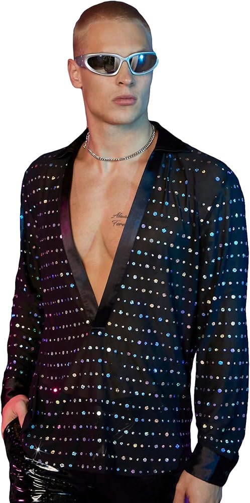 WDIRARA Men's Glitter Sequin Rhinestone Decor Shirt Deep V Neck Long Sleeve Party Tops