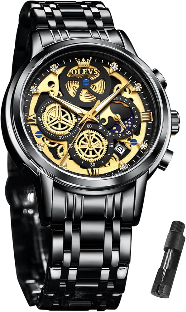 OLEVS Skeleton Watch for Men Stainless Steel Chronograph Watch for Men Classic Waterproof Mens Watches with Date Luxury Business Men's Analog Wrist Watches, relojes para Hombres Blue/Black/Gold/White