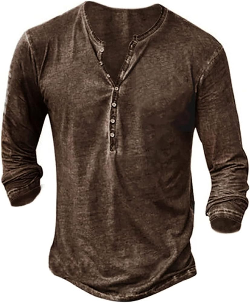 Mens Distressed Henley Shirts Front Placket Retro Long Sleeve Tee Shirts Casual Button Down Washed T-Shirts for Men