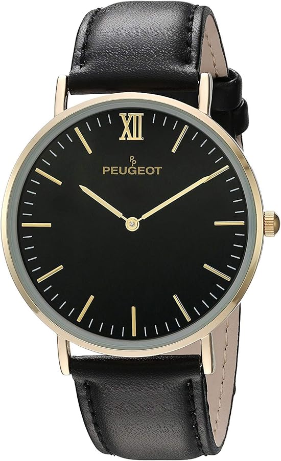 Peugeot Men's Ultra Slim Watch, 14Kt Gold Plated Round Minimalist Wrist Watch for Men with Easy to Read Dial and Genuine Leather Band