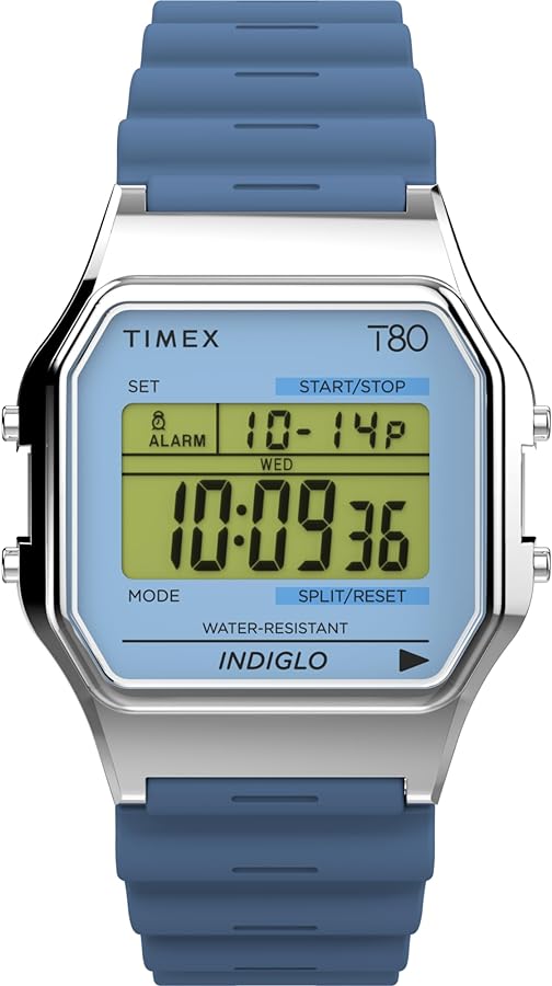 Timex Unisex T80 34mm Watch - Blue Strap Digital Dial Silver-Tone Case