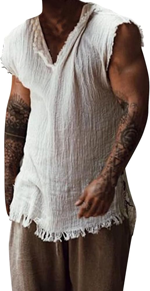 Mens Cotton Linen Tank Tops Distressed Vintage Casual Raw Edge V-Neck Sleeveless Shirts Casual Summer Muscle T-Shirts