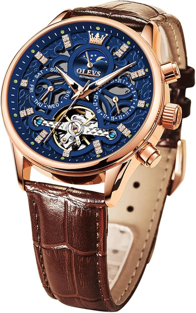 OLEVS Men Skeleton Watch Automatic Mechanical Dress Casual Brown Black Leather Moon Phase Luminous Waterproof Wrist Watches