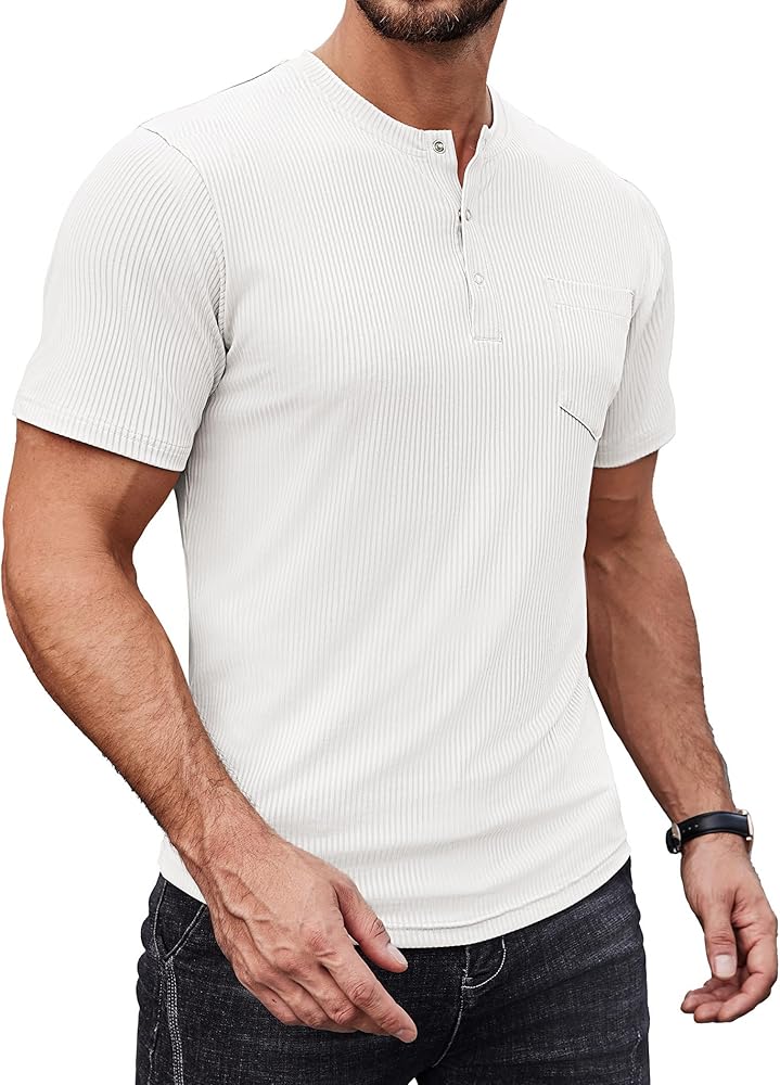 COOFANDY Mens Henley Shirts Short Sleeve Tshirt Basic Button Tees Summer Ribbed Pocket T Shirt Casual Stretch Tops