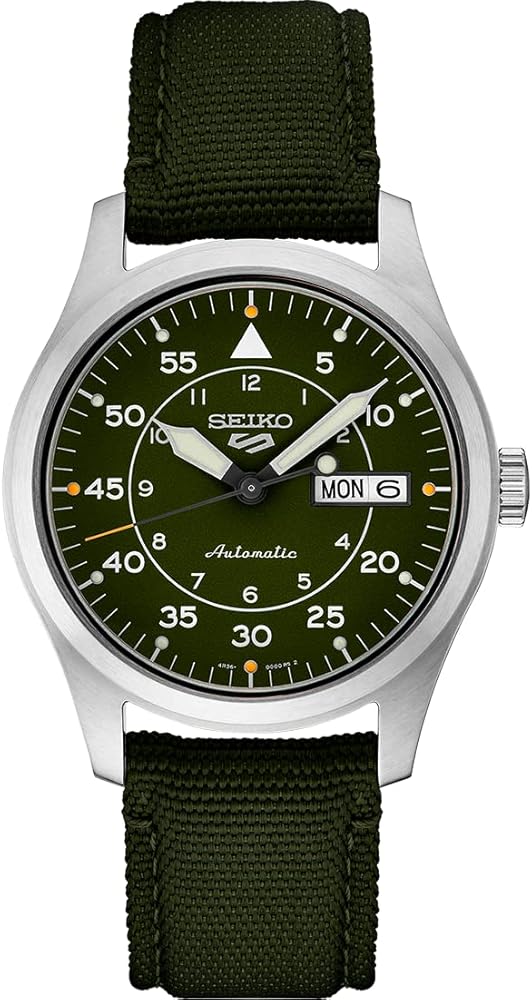 SEIKO SRPH29 Watch for Men - 5 Sports - Automatic with Manual Winding Movement, Green Dial, Stainless Steel Case, Green Nylon Strap, 100m Water Resistant, with Day/Date Display