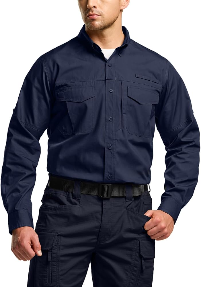 CQR Men's Long Sleeve Work Shirts, Ripstop Military Tactical Shirts, Outdoor UPF 50+ Breathable Button Down Hiking Shirt