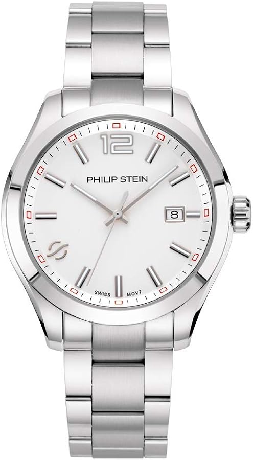 Philip Stein Analog Display Wrist Swiss Quartz Traveler Men Smart Watch Stainless Steel Silver Clasp Chain with White Dial Natural Frequency Technology Provides More Energy - Model 92-CWSL-SS