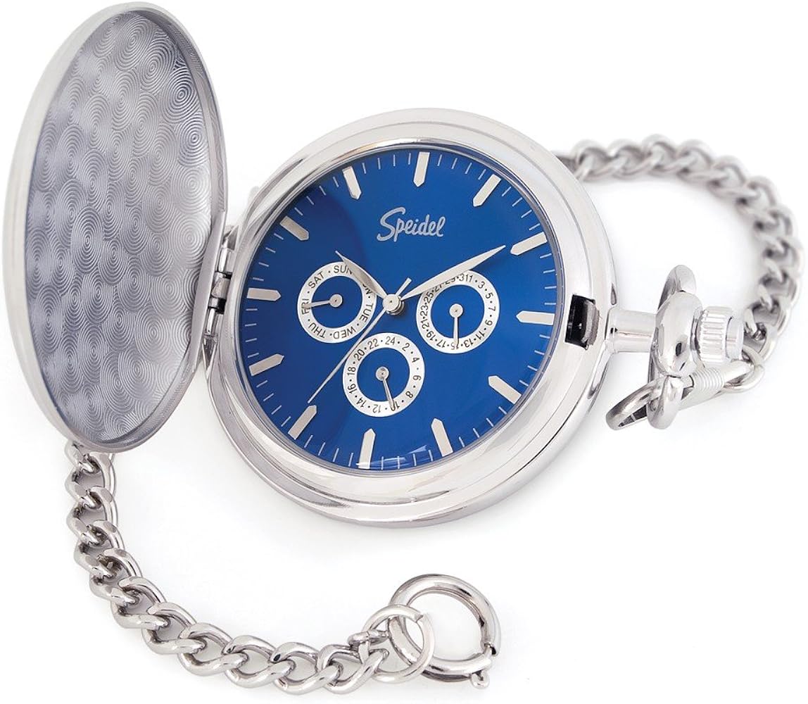 Speidel Silver-Tone Pocket Watch with Blue Dial and 14" Chain