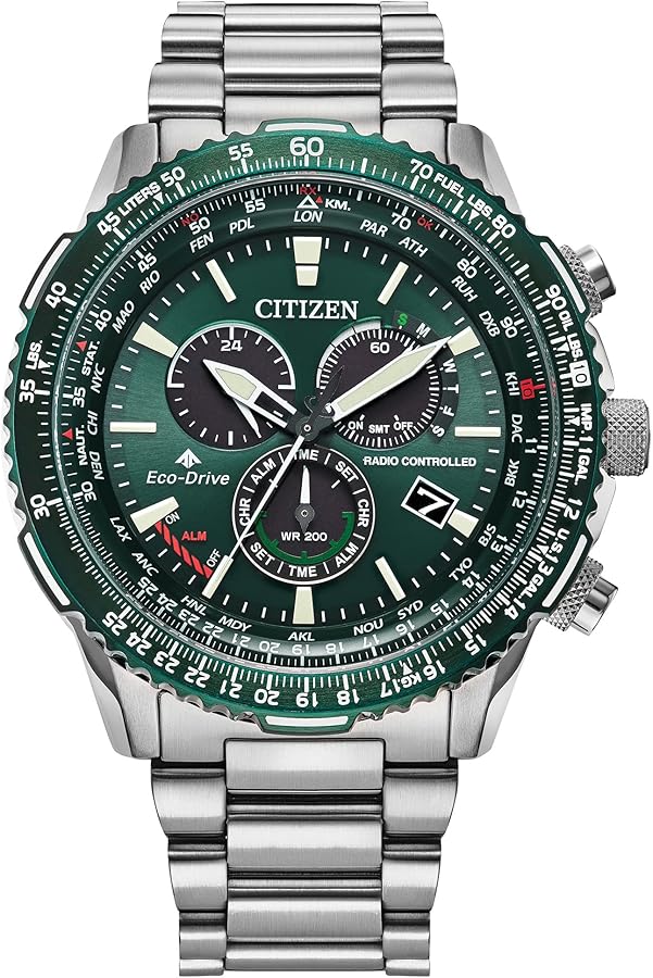 Citizen Eco-Drive Pilot Chronograph Watch with Atomic Timekeeping, 12/24HR, Power Reserve, Luminous Hands/Markers, Sapphire Crystal - Green Dial