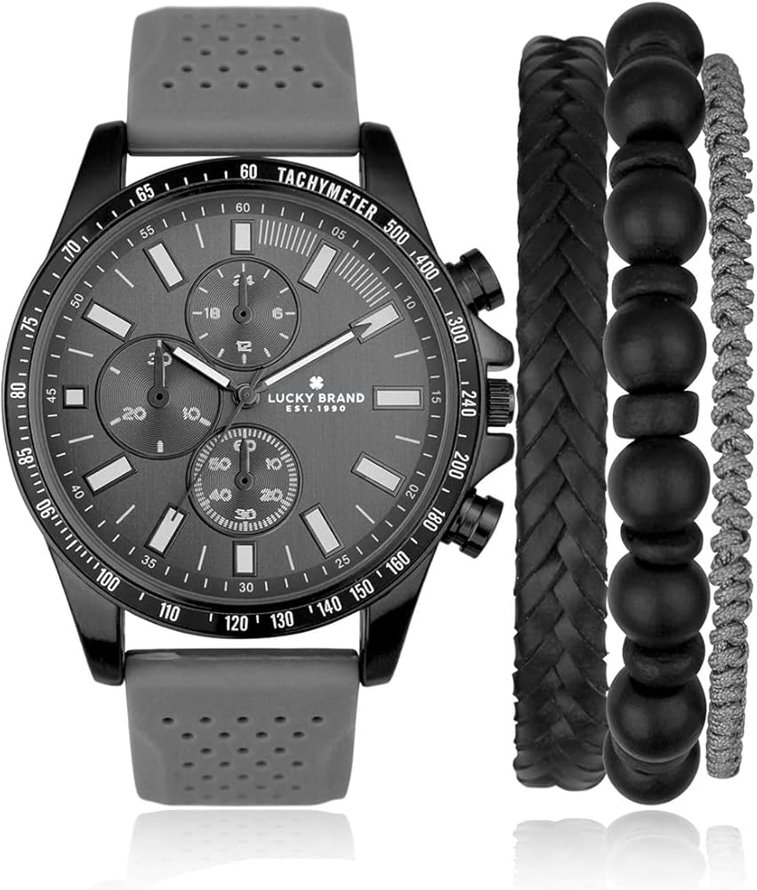 Lucky Brand Mens Watches Perforated Silicon Band Stainless Steel Japan Movement Sport Men's Wrist Watches Decorative Sub Dials Bracelet Gift Box Set