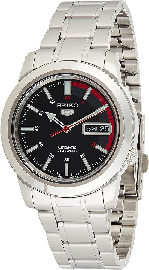 SEIKO SNKK31 Automatic Watch for Men 5-7S Collection - Black Dial with Contrast, Day/Date Calendar, Luminous Hands, Stainless Steel Case & Bracelet