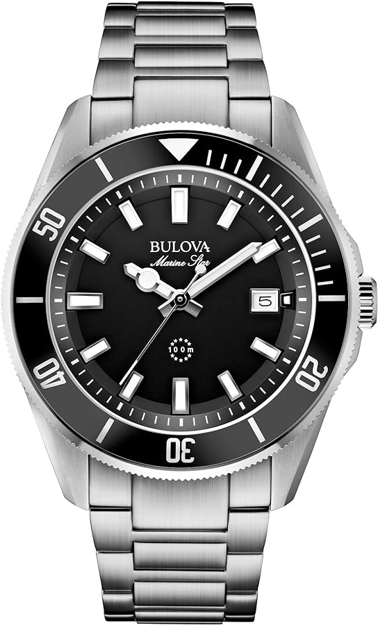 Bulova Men's Marine Star 'Series B' Stainless Steel 3-Hand Calendar Quartz Watch, Black Dial Style: 98B203