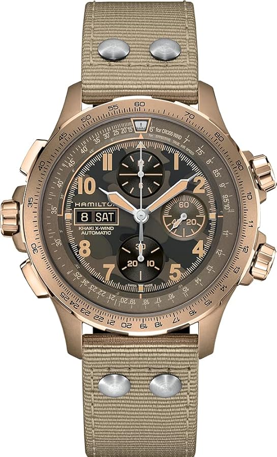 Hamilton Watch Khaki Aviation X-Wind Auto Chrono | Swiss Made | 45mm Stainless Steel Case | Brown Dial Analog Watch | Beige Textile Strap (Model: H77916920)