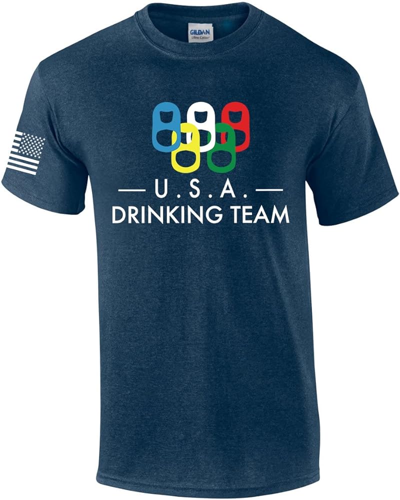 USA Olympics American Drinking Team Funny Short Sleeve T-Shirt American Flag Sleeve Graphic Tee