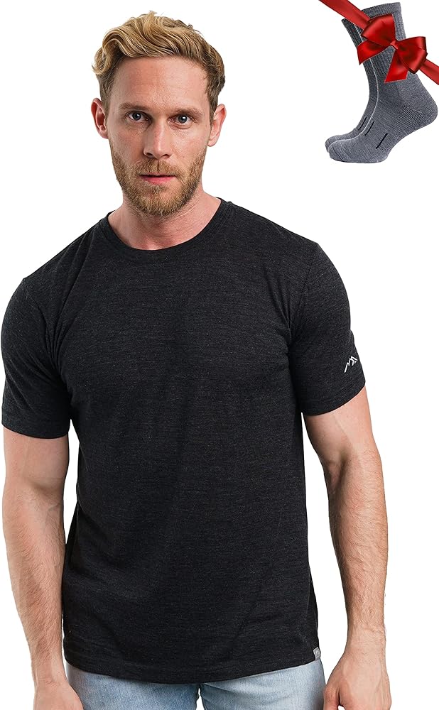 Merino.tech Merino Wool T-Shirt Mens - 100% Organic Merino Wool Undershirt Lightweight Base Layer + Hiking Wool Socks