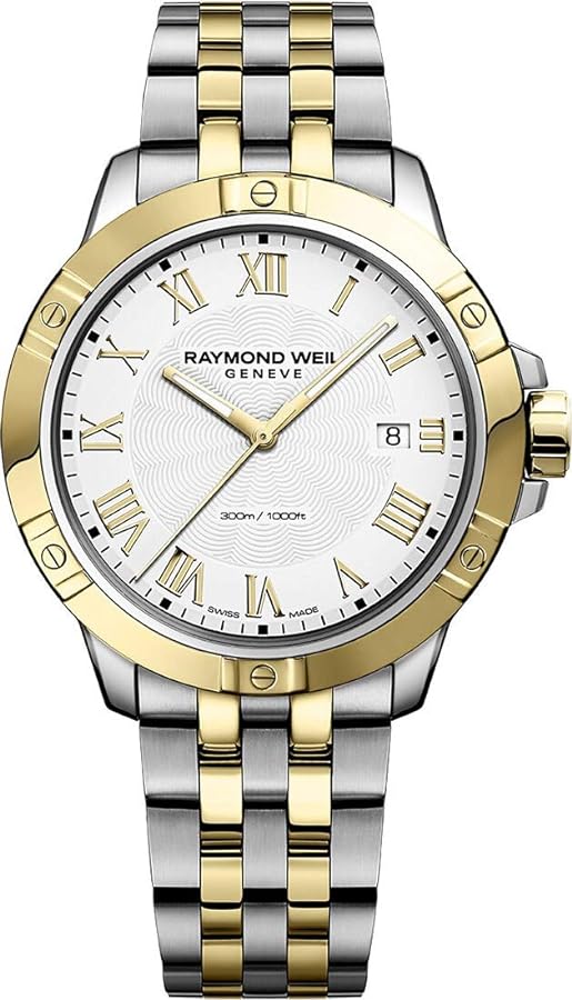 Raymond Weil Tango Classic Men's Watch, Quartz, White Dial, Roman Numerals, Two-Tone, Stainless Steel Bracelet with Yellow-Gold PVD Plating, 41 mm (Model: 8160-STP-00308)