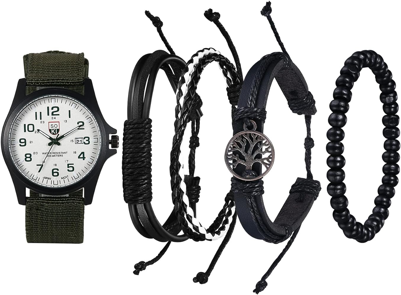 Avaner Men's Bracelet Watch Set, 4 Pcs Wrist Watch Bracelet Set, Military Nylon Strap Quartz Watch Black Leather Bracelets Set for Men