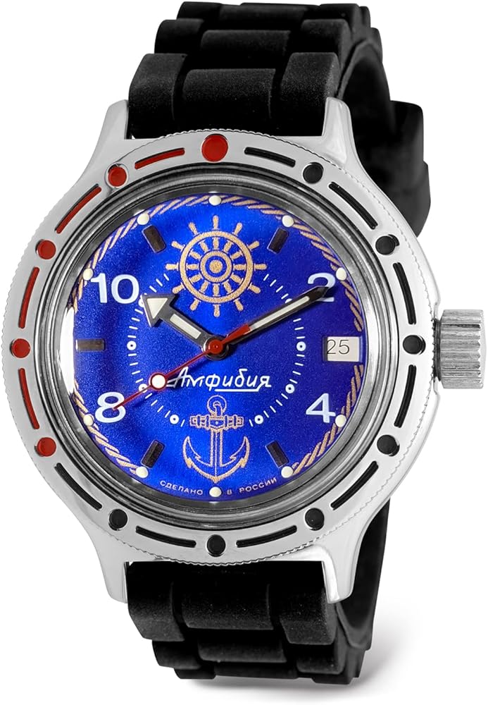 VOSTOK | Sea Captain Amphibian Automatic Self-Winding 40mm Diver Wrist Watch | WR 200m | Amphibia 420374 | Blue Dial Mechanical Watch | Luminous dots