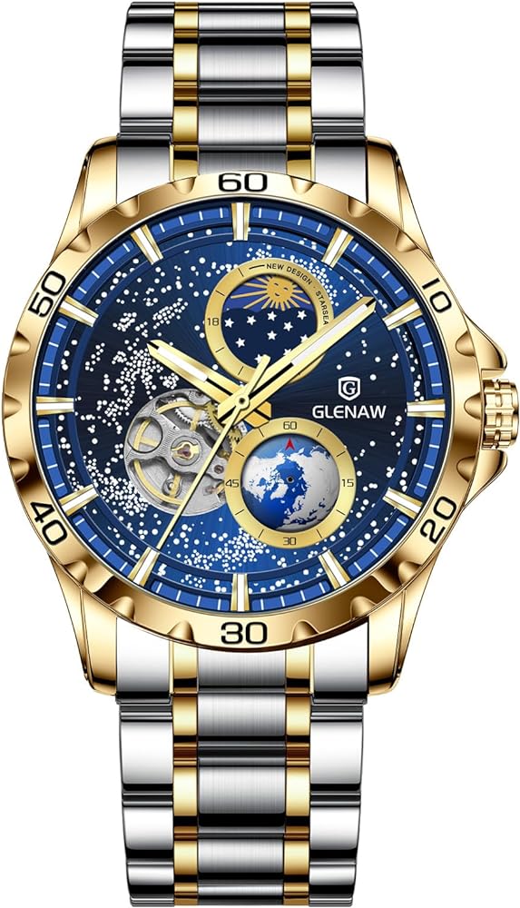 Automatic Watches for Men, Rotating Earth Multifunctional Men's Mechanical Watch Starry Sky Dial Steel Band Stopwatch Sun Moon Stars Automatic Men's Watch (8950-Gold Blue1)