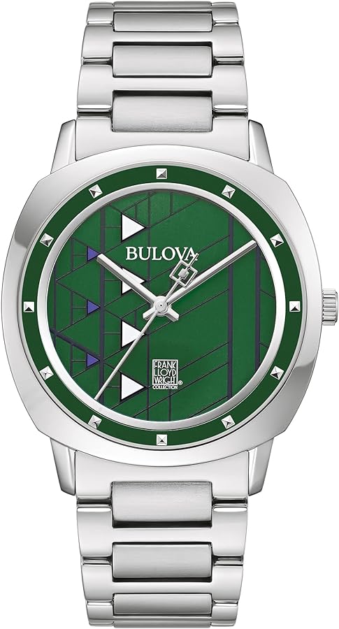 Bulova Men Frank Lloyd Wright Hollyhock House Stainless Steel 3-Hand Quartz, Brown Leather Strap and Green Dial Style: 96A286