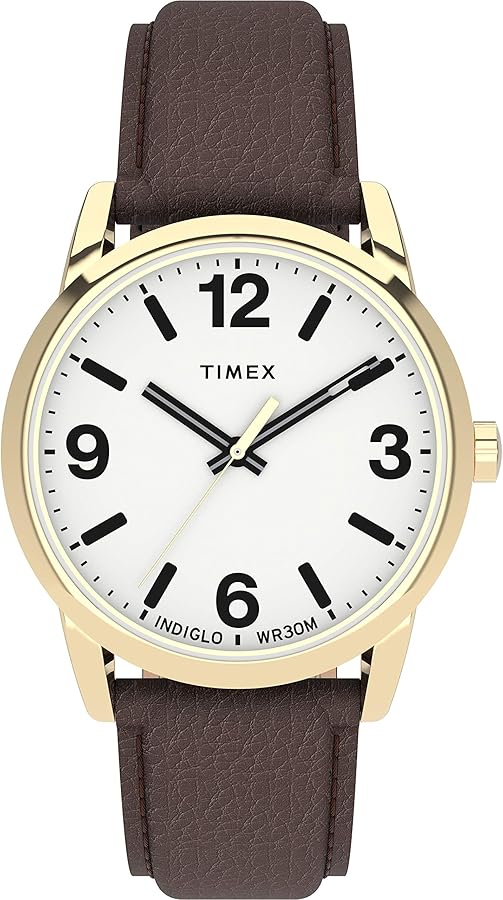 Timex Men's Easy Reader Bold 38mm Watch – Gold-Tone Case White Dial with Brown Leather Strap