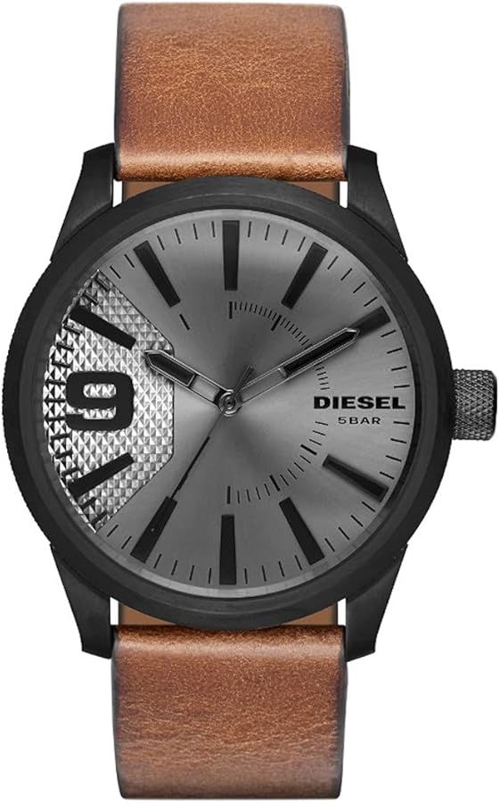 Diesel Rasp Stainless Steel and Leather Three-Hand Analog Men's Watch, Color: Black, Brown (Model: DZ1764)