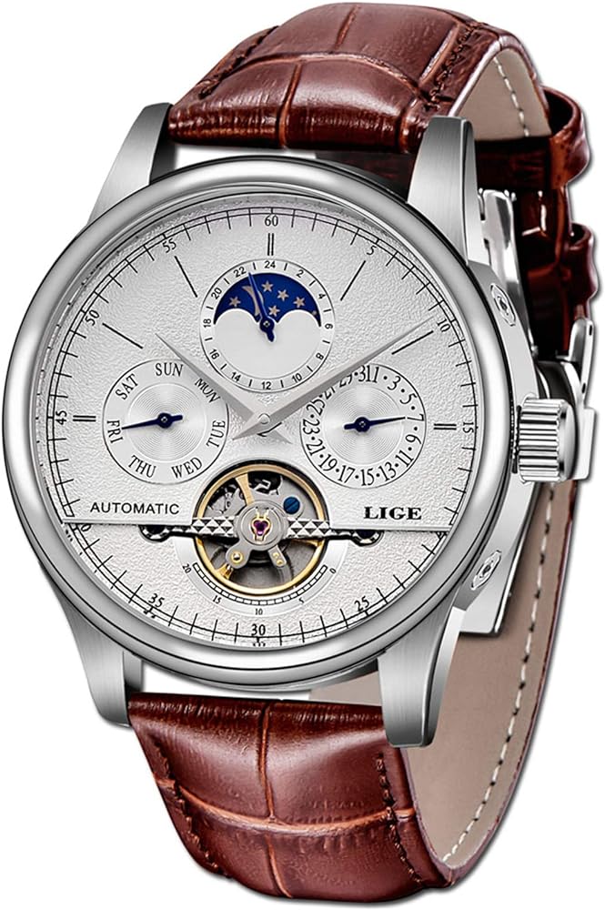 LIGE Waterproof Mens Watches Luxury Business Mechanical Watch Automatic Gold White Leather Strap Wristwatch