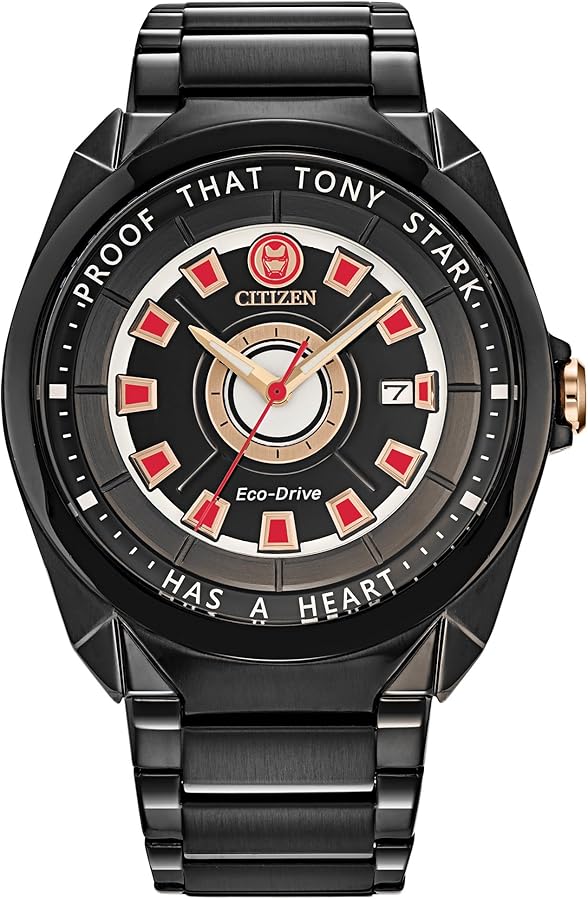 Citizen Eco-Drive Men's Marvel Tony Stark I Love You 3000" Black IP Stainless Steel Watch, 3-Hand Date, Luminous, 43mm,Etched Case Back (Model: AW1019-52W)