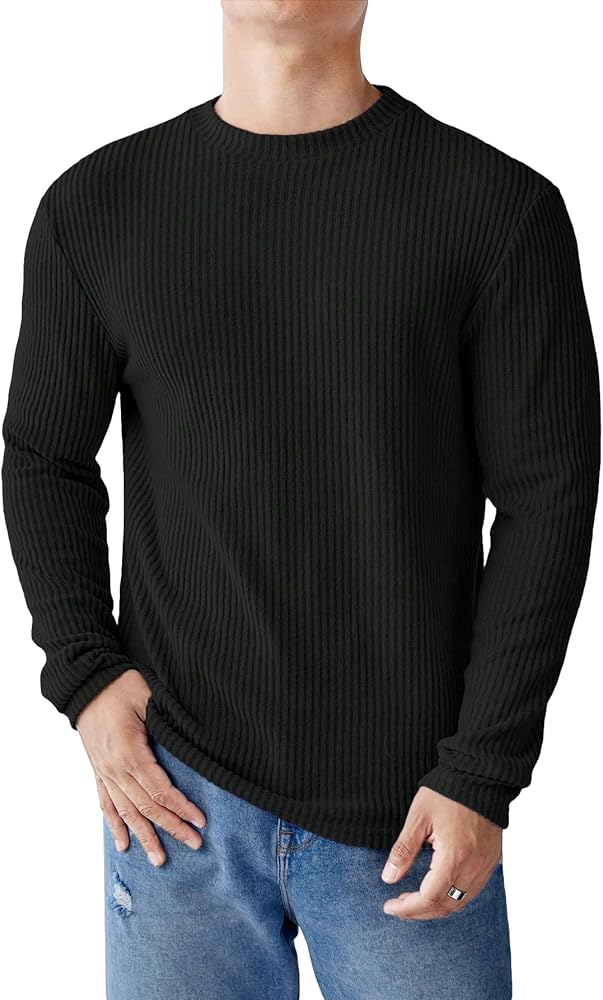 Verdusa Men's Basic Round Neck Long Sleeve Tee Shirt Ribbed Knit Tops