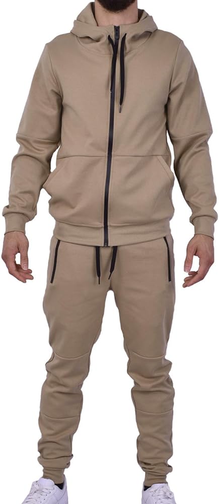 Men's Athletic Sports Casual 2 Piece Solid Color Tracksuit Hoodie Jogger Pants Sweatsuit Set