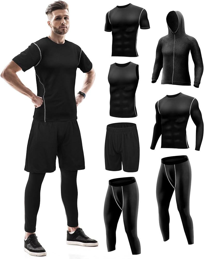 Hicarer 7Pcs Men Compression Sets Athletic Hoodie Jacket Shirt Pants Shorts Tank Top Gym Clothes Workout Sets