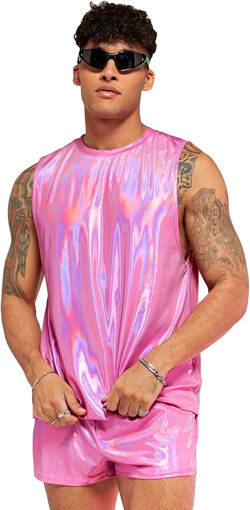 COZYEASE Men's 2 Piece Outfit Metallic Party Round Neck Sleeveless Tank Top and Casual Drawstring Pocket Shorts