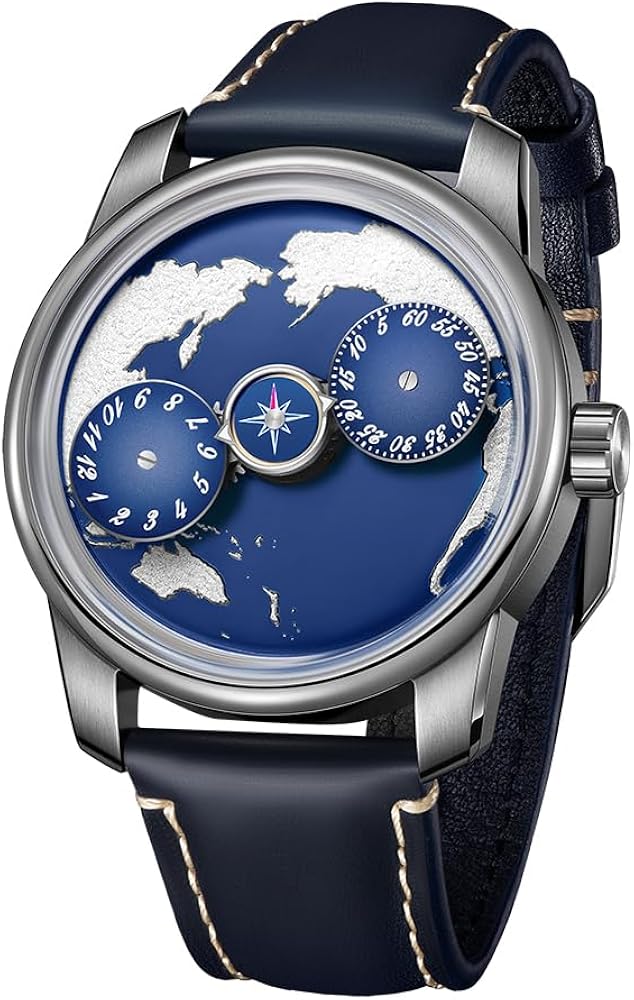 Luxury Designer Mens Earth Dial Leather Automatic Watch Three Wheels Stainless Steel Case Blue Luminous Leather Mechanical Wristwatch JM-Earth