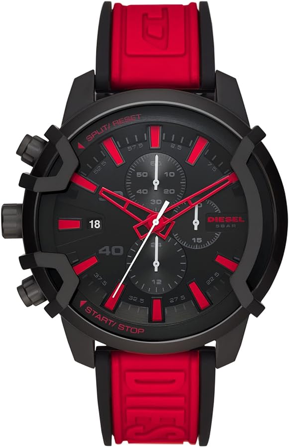 Diesel Griffed Stainless Steel and Silicone Chronograph Men's Watch, Color: Black, Red (Model: DZ4530)