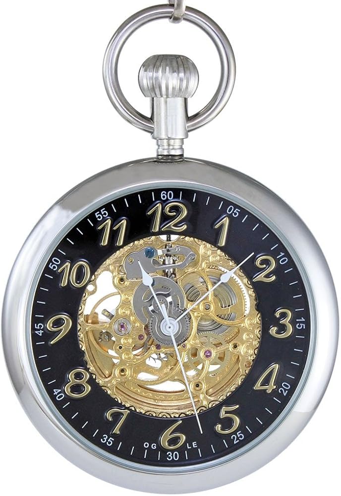 OGLE 3ATM Waterproof Vintage Stainless Steel Large Face Fob Self Winding Automatic Skeleton Mechanical Pocket Watch Chain Box