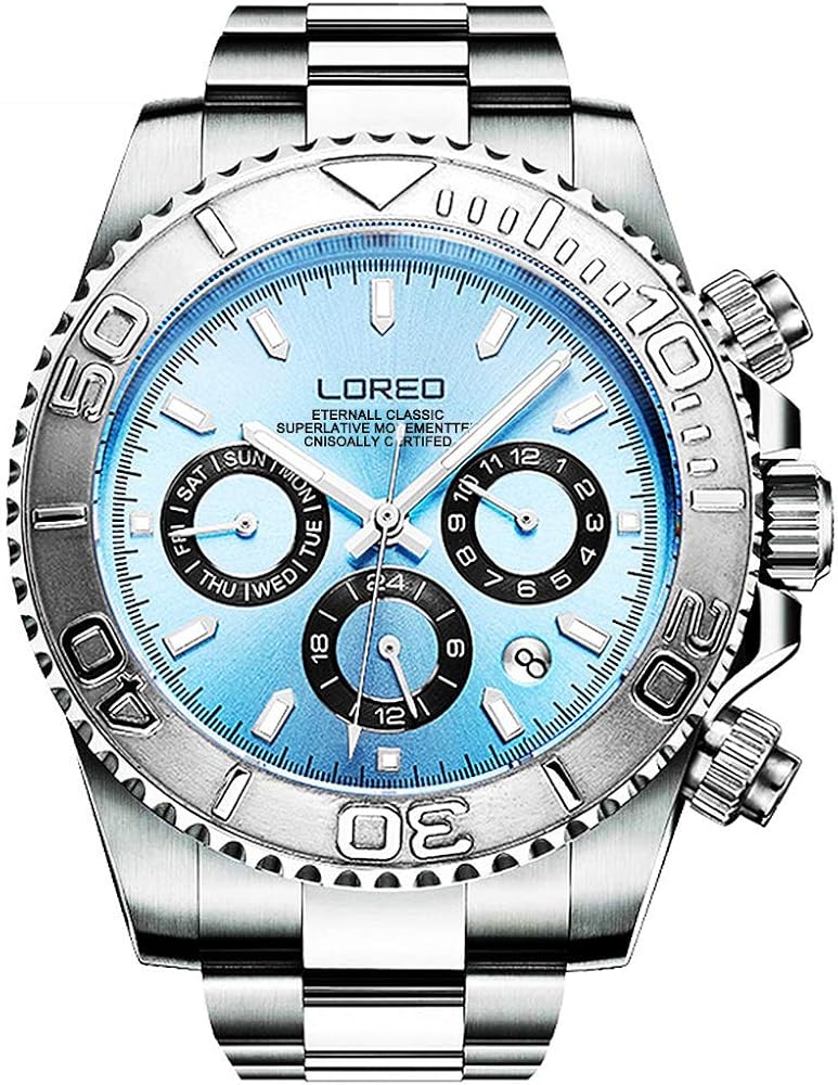 LOREO Mens Automatic Watch Silver Stainless Steel Sapphire Glass Ceramic Bezel Date Military Diving Waterproof Watch