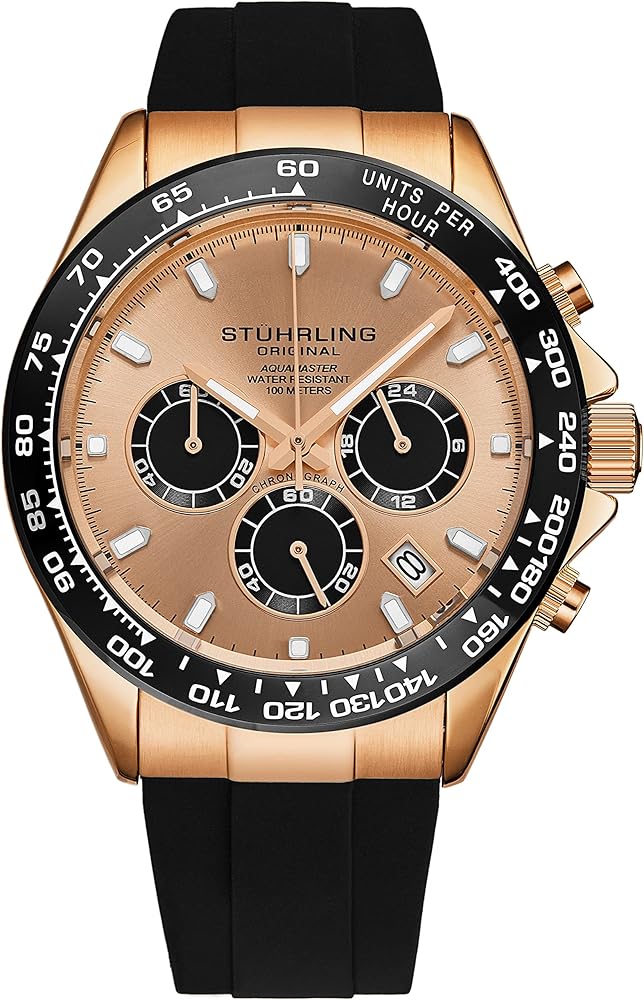 Stuhrling Aquamaster Quartz Chronograph Watch Rose Gold Dial Screw Down Crown Luminous Hands, Ceramic Unidirectional Bezel, Black Rubber Band for Men 42mm Case Date Water Resistance