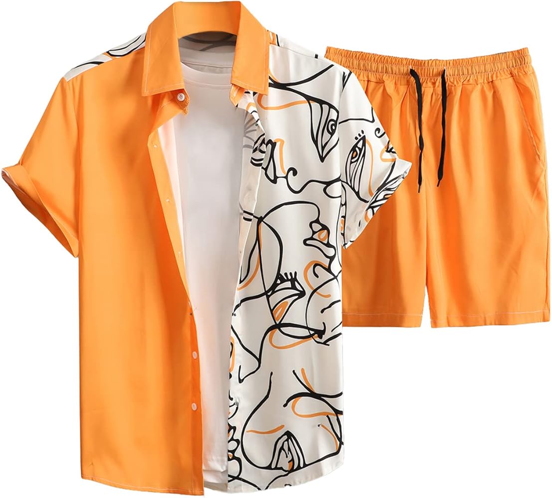 Verdusa Men's 2 Piece Outfit Colorblock Button Up Shirt and Drawstring Waist Shorts Sets