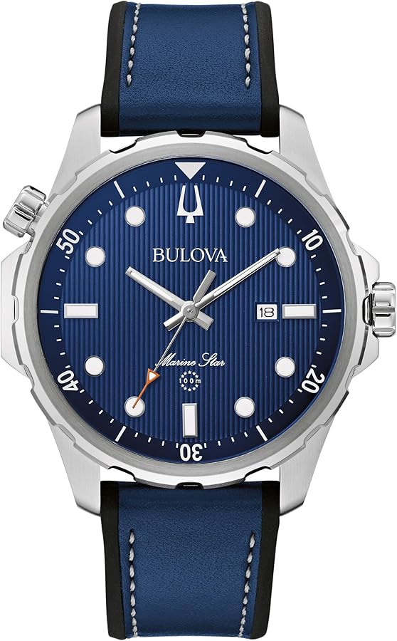 Bulova Men's Marine Star 'Series B' Silver Stainless Steel Quartz Watch, Blue Leather and Black Silicone Strap, 43mm Style: 96B419