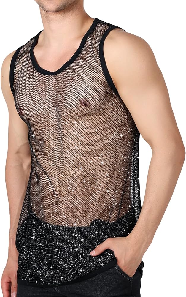 Mens Mesh Top,See Through Black Fishnet Top Men Plus Size,Mens Sexy Tops to Show Muscle