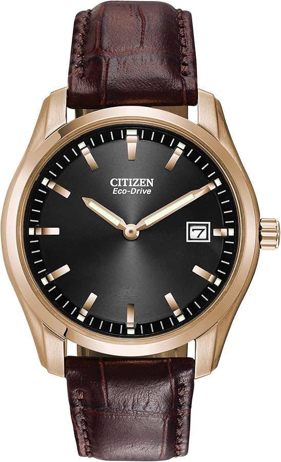 Citizen Men's Classic Eco-Drive Leather Strap Watch, Date, Luminous Hands and Markers, Black Dial, Brown Strap/Rose Gold