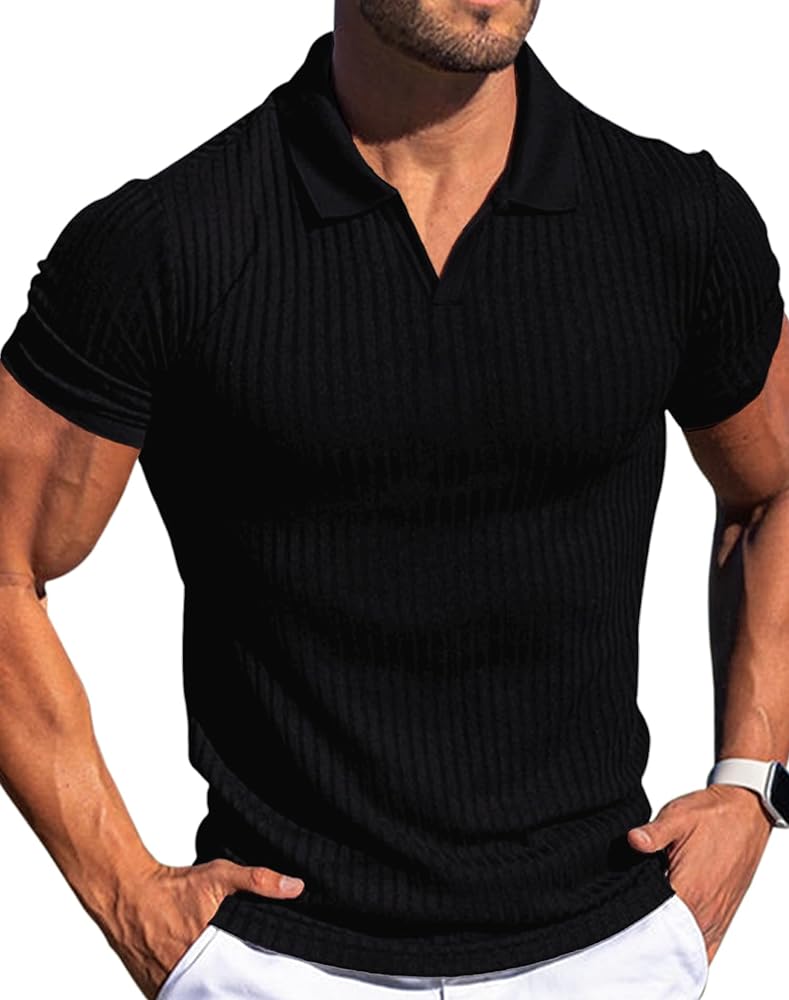 V Neck Muscle Polo Shirts for Men Short Sleeve Ribbed Golf Tees Slim Fit Stretch T Shirt