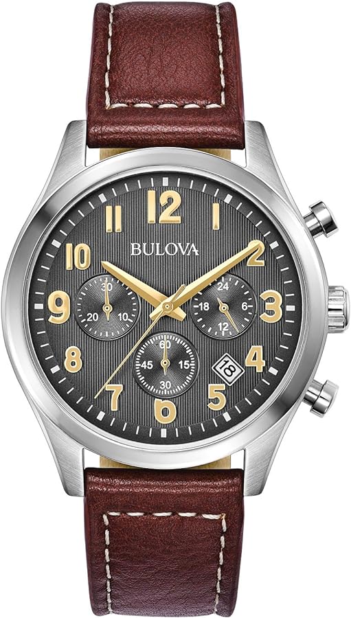 Bulova Men's Classic Stainless Steel 6-Hand Chronograph Quartz Leather Strap Watch with Grey Dial, Gold Accents, Arabic Markers, 41mm