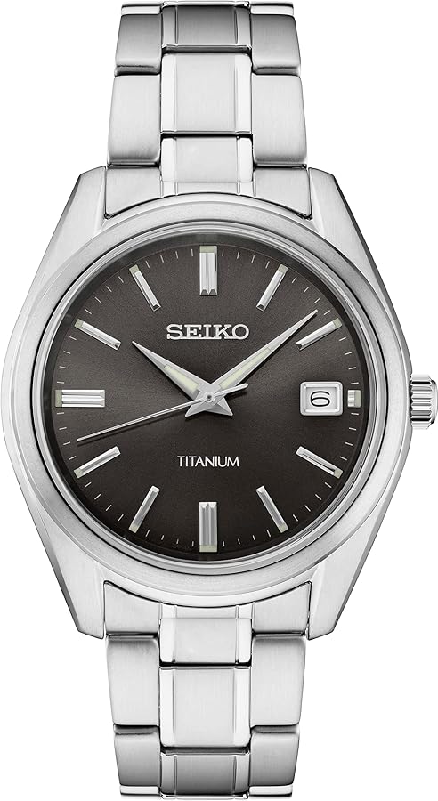 Seiko SUR375 Watch for Men - Essentials - Black Dial with Sunray Finish, Date Calendar, Titanium Case & Bracelet, Sapphire Crystal, and 100m Water Resistant…