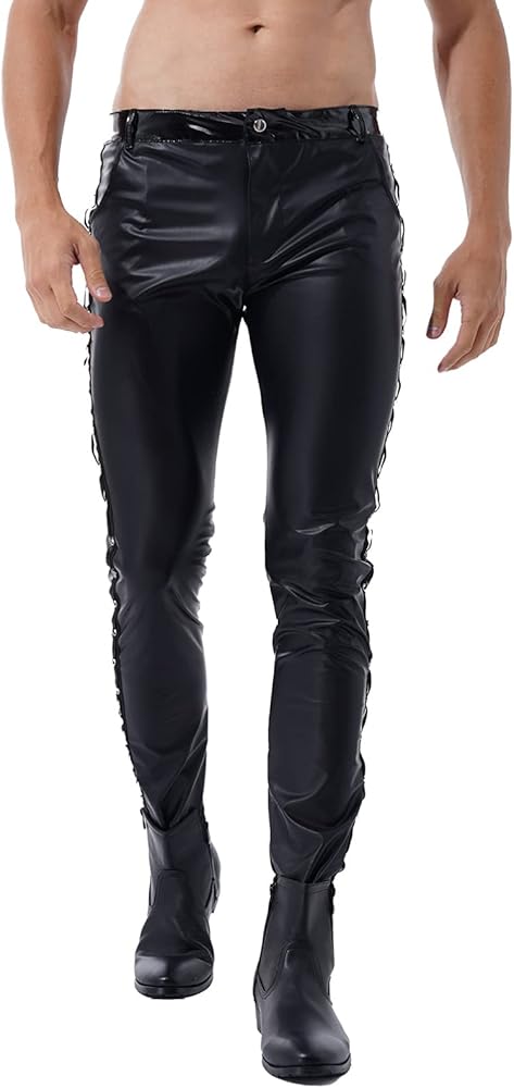 Men's Faux Leather Pants Punk 80's Rock Leggings Trousers Tight Gothic Motorcycle Biker Pants