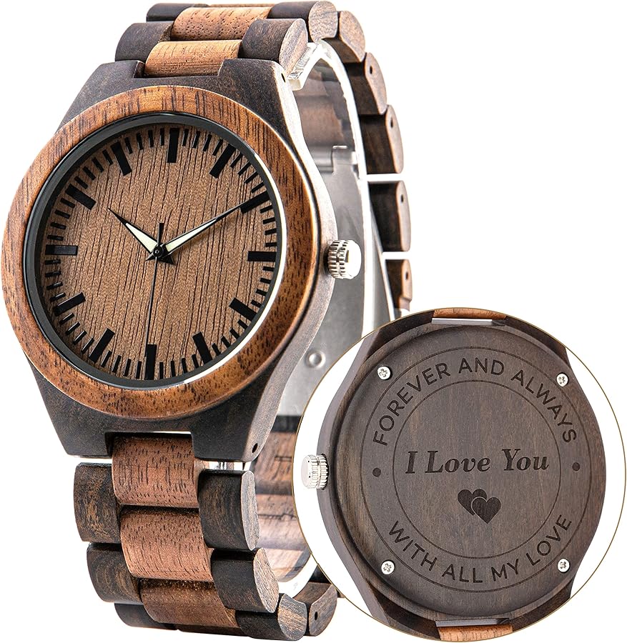 Personalized Wood Watch for Men Custom Wooden Watch with Engraving Anniversary Birthday Watch for Husband Dad Son Walnut and Ebony Watch Luminous Hands