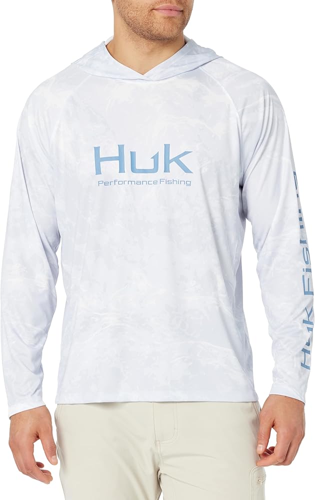 HUK Men's Standard Pursuit Pattern Hoodie, Sun Protecting Fishing Shirt with Hood, Mossy Oak-Stormwater Bonefish