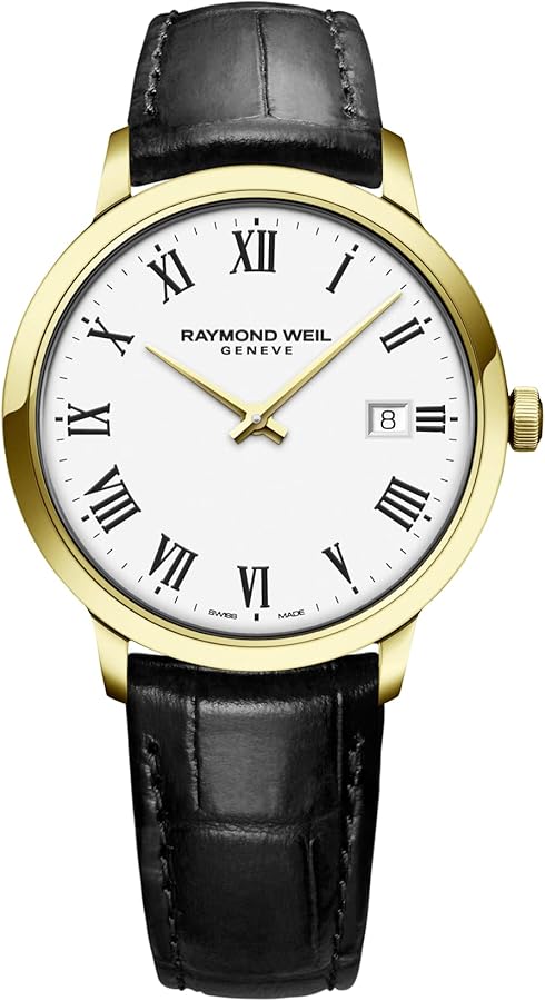 Raymond Weil Toccata Men's Watch, Quartz, White Dial, Roman Numerals, Stainless Steel with Yellow Gold PVD, Black Leather Strap, 39 mm (Model: 5485-PC-00300)