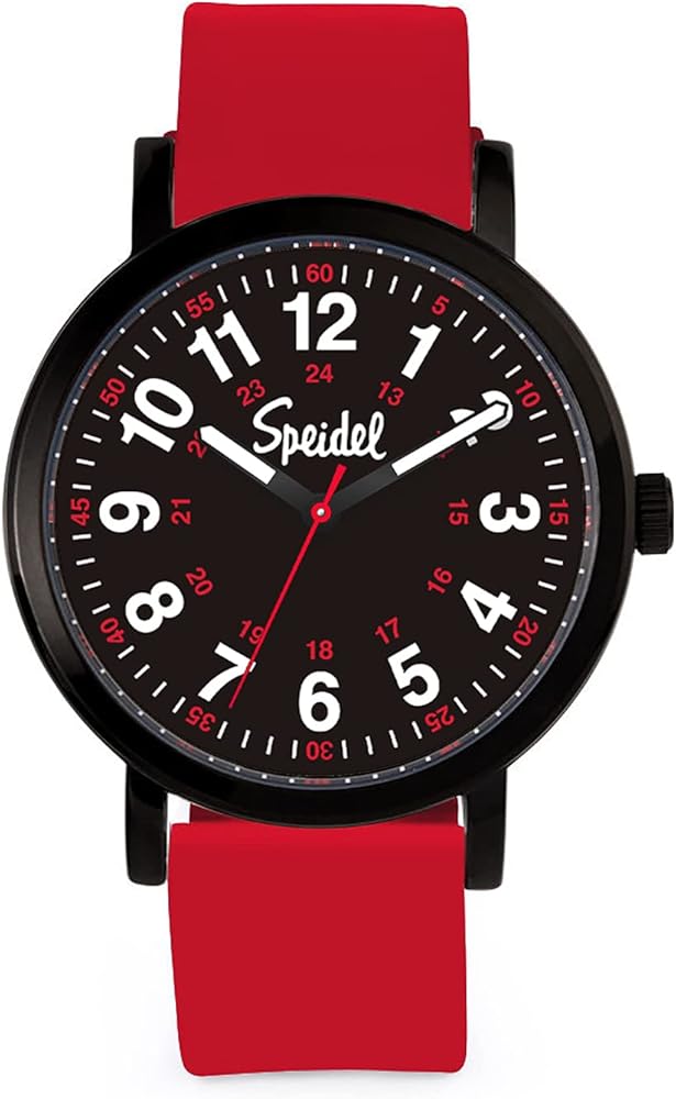 Speidel Original Scrub Watch™ Nurses Doctors Medical Professionals Students Men Women Unisex Easy Read Dial Military Time Red Second Hand Silicone Band Water Resistant Black CASE and DIAL/RED Band