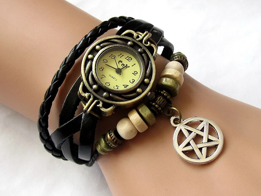 Joyplancraft Supernatural Amulet Wrist Watch Black Leather Wrist Watch with Silvery Pentagram Charm Bracelet